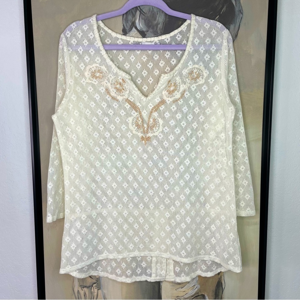 PRANA Winnie Sheer Cream Mesh 3/4 Sleeve Top